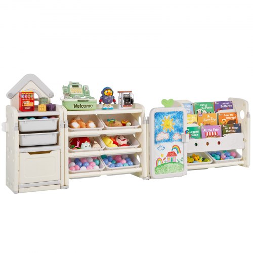 VEVOR 4-tier kids toy organizer with bookshelf, featuring 10 movable plastic bins and a drawing cubby cabinet