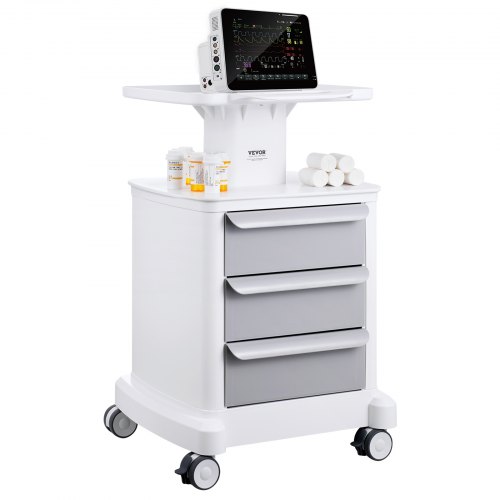VEVOR 4-tier lab cart with 3 drawers, top tray, ABS construction, and 4 quiet wheels for medical use