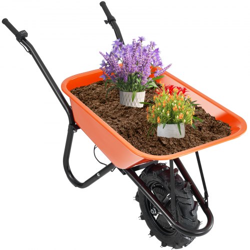 VEVOR 500W electric wheelbarrow with 5 cu. ft. capacity, 330 lb load limit, metal handle, and 16" track wheels for garden and utility use