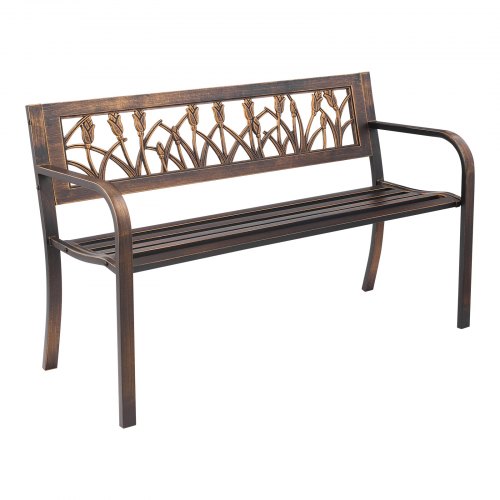 VEVOR 50-inch outdoor bench with a carbon steel frame, PVC floral backrest, and rounded armrests, designed for weather-resistant patio use
