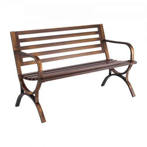 VEVOR 50-inch outdoor bench with a carbon steel frame, slatted backrest, and rounded armrests, designed for patios and weather-resistant use