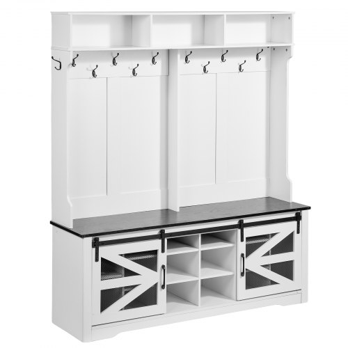 VEVOR 59" entryway bench with LED coat rack, shoe storage, adjustable shelves, and 12 hooks for mudroom organization