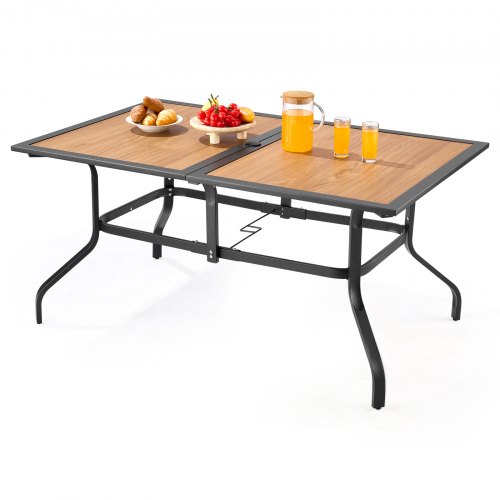 VEVOR 59-inch outdoor rectangular steel dining table with wood-like slats, accommodates 4-6 people, features a 1.5-inch umbrella hole and all-weather durability