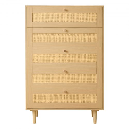VEVOR 5-drawer rattan dresser, modern bedroom wardrobe with natural rattan drawers featuring metal handles and wooden legs for clothing storage