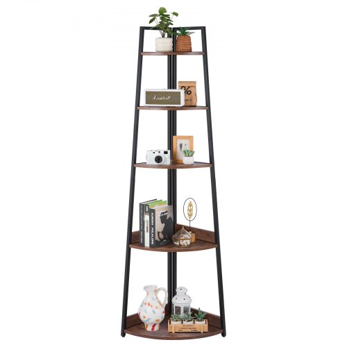 VEVOR 5-tier corner shelf, 70" tall metal-framed bookshelf with wooden shelves, industrial ladder-style shelf for living spaces, bedrooms, and offices