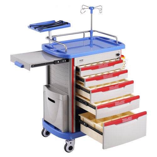 VEVOR 5-tier lab cart featuring 5 drawers, 4 quiet wheels, PP construction, and 2 built-in waste bins for medical or lab mobility