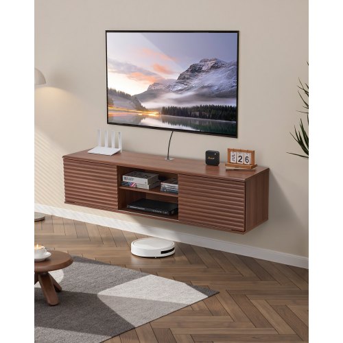 VEVOR 60" Floating TV Stand with Adjustable Shelves, Sliding Doors, and 2-Tier Storage Cabinet for Wall Mount Entertainment