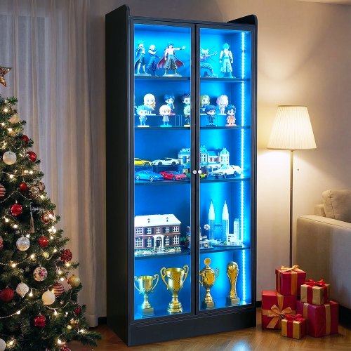 VEVOR 67-inch lighted display cabinet featuring 2 adjustable shelves and 5-tier storage for collectibles and books