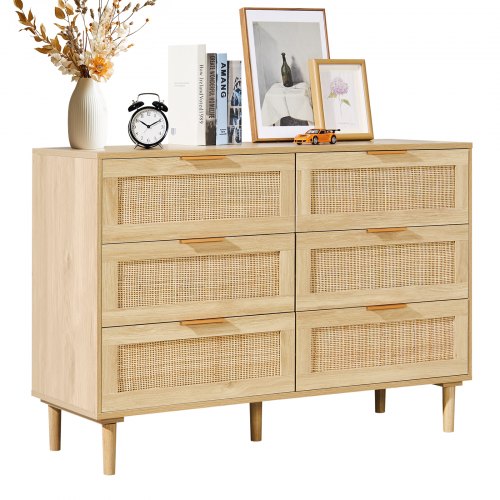 VEVOR 6-Drawer Bohemian Rattan Dresser, Spacious Natural Woven Storage Chest for Bedroom, Living Room & Hallway