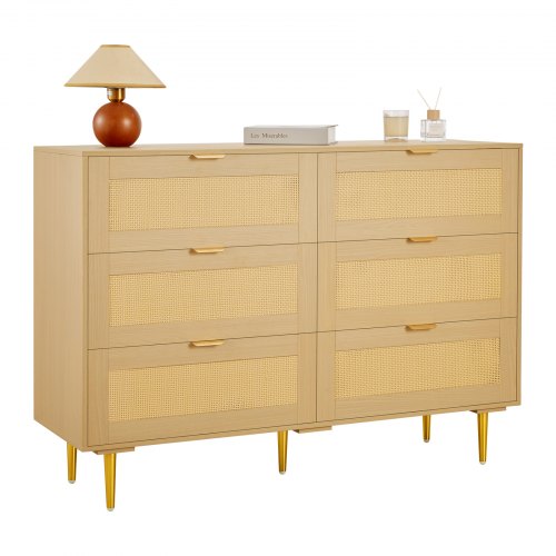 VEVOR 6-Drawer Natural Rattan Dresser with Metal Accents for Bedroom Storage
