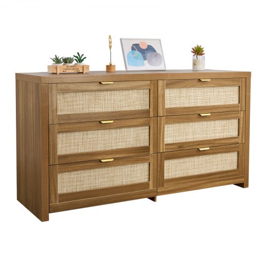 VEVOR 6-drawer rattan dresser, a natural rattan bedroom chest with metal handles, serving as a modern wooden clothing organizer and storage unit