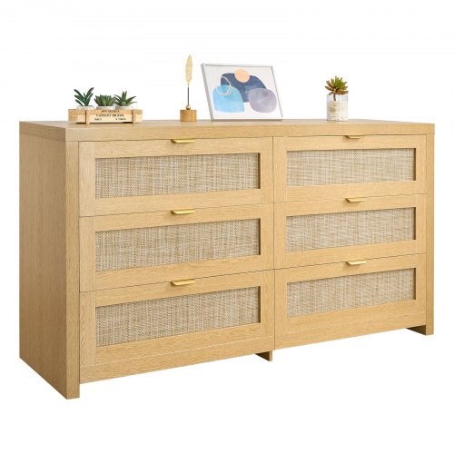 VEVOR 6-drawer rattan dresser, modern bedroom storage with metal handles, natural woven wood organizer