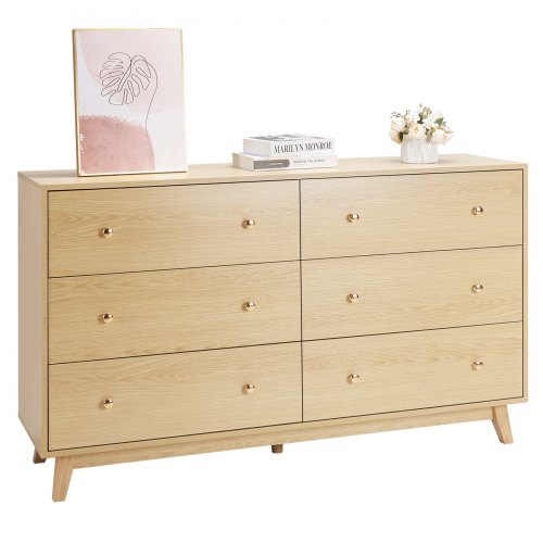 VEVOR 6-Drawer Wooden Dresser with Sliding Mechanism and Safety Anti-tip Feature, Minimalist Storage Cabinet for Bedroom Organization