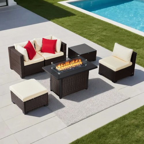 VEVOR 6-piece outdoor wicker furniture set with propane fire pit and cushioned sofas