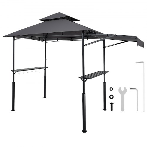 VEVOR 8x5 ft Double-Tiered BBQ Gazebo with Extended Awning, Powder-Coated Steel Patio Grill Shelter Featuring 2 Side Shelves and Bottle Opener