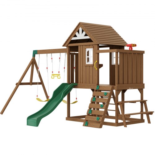 VEVOR 9-in-1 Wooden Backyard Swing Set with 2 Swings, Trapeze, 6ft Slide, and Spacious Playhouse Featuring Pretend Kitchen