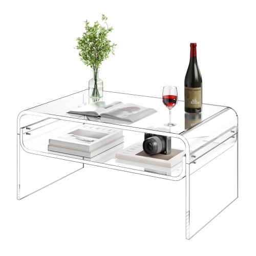 VEVOR acrylic coffee table with 2-tier storage shelf, modern rectangular design perfect for dining rooms, kitchens, and restaurants