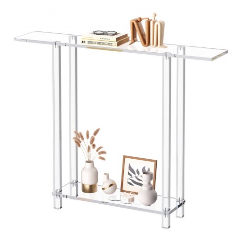 VEVOR acrylic console table with 2 tiers and open bottom storage, modern slim side desk, clear rectangular entry table for foyer