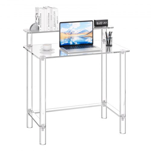VEVOR acrylic desk with dual tiers, featuring a clear monitor stand, ideal as a modern study or office workstation, also suitable as a bedroom side table