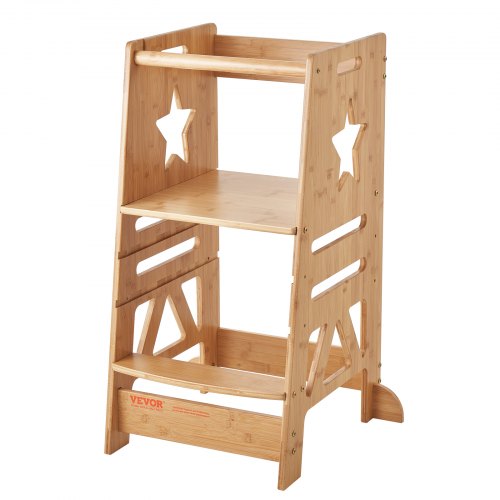 VEVOR adjustable 3-level toddler step stool with safety rail, made of bamboo for kitchen learning