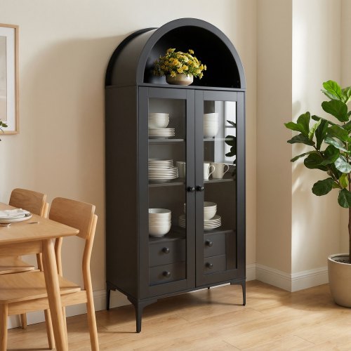 VEVOR arched glass-door display cabinet, 70" tall 4-shelf curio case with 2 adjustable shelves for collectibles