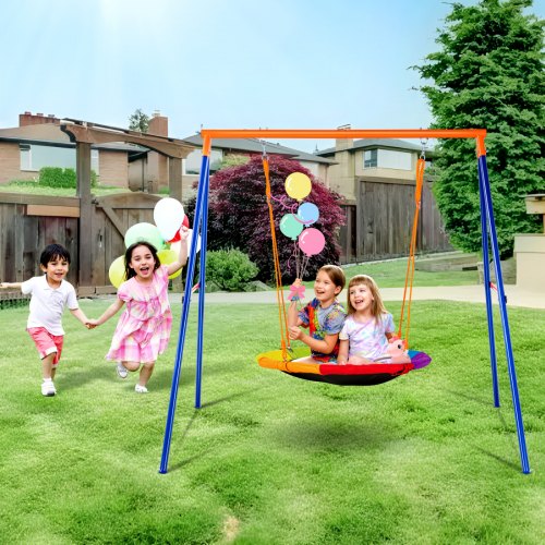 VEVOR backyard swing set with 440lbs capacity, featuring a 40" saucer swing, sturdy A-frame metal stand, and adjustable ropes