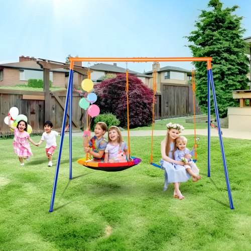 VEVOR backyard swing set with 440lbs capacity, featuring a saucer swing, belt swing, and sturdy A-frame metal stand