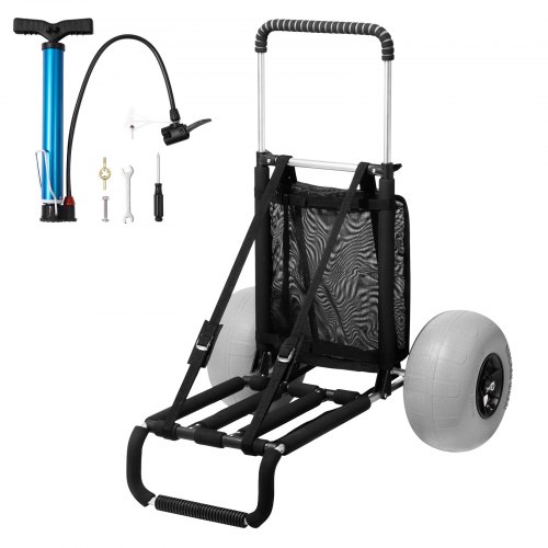 VEVOR beach dolly featuring large 12" balloon wheels, a 29.9" x 15.4" cargo deck, folding design, and 165 lbs capacity for sand transport