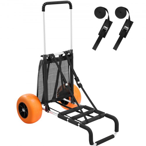 VEVOR beach dolly featuring large 12" solid wheels, 29.9" x 15.4" cargo deck, 165 lbs capacity, and adjustable 27" to 44.7" folding sand cart