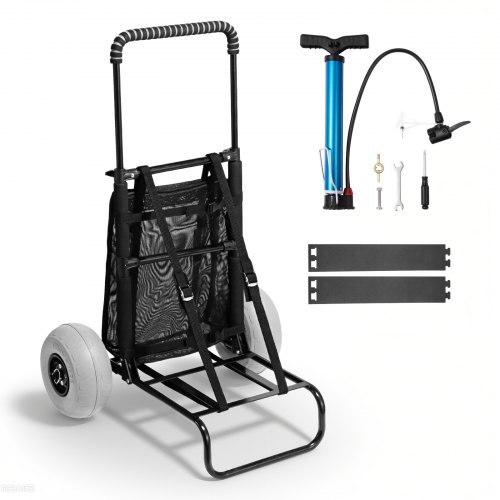 VEVOR beach dolly featuring large 9" balloon wheels, a 20.1" x 14.6" cargo deck, 165 lbs capacity, and adjustable handle from 27.2" to 44.9" for easy sand transport