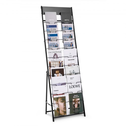 VEVOR brochure display rack with 20 pockets, a portable floor-standing magazine holder made of metal for organizing newspapers and catalogs
