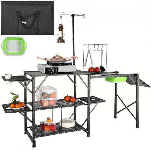 VEVOR camping kitchen table: a one-piece, foldable portable cook station featuring a carrying bag, three side tables, two shelves, and a detachable design
