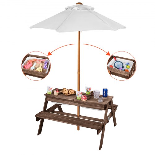 VEVOR children's 3-in-1 picnic table with umbrella, featuring sand/water play trays and wooden seating for four outdoors
