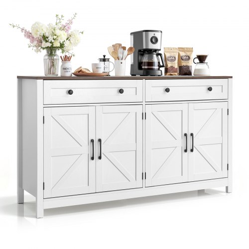 VEVOR Coffee Bar Cabinet with 2 drawers and 4 barn doors, a farmhouse-style buffet stand for living rooms