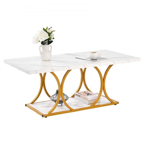 VEVOR Coffee Table  
Modern faux marble coffee table  
Large two-tier rectangular desk with geometric legs  
Minimalist sturdy metal frame accent table