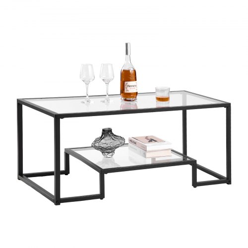 VEVOR Coffee Table, Modern Tempered Glass Coffee Table, 2 Tiers Rectangle Glass Center Desk with Open Storage, Minimalist Sturdy Metal Frame Accent En