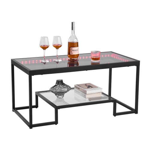 VEVOR Coffee Table, Modern Tempered Glass Coffee Table with Lighting, 2 Tiers Rectangle Glass Center Desk with Open Storage, Minimalist Metal Accent  

Modern VEVOR glass coffee table with lighting, two-tier rectangular design featuring open storage and minimalist metal accents