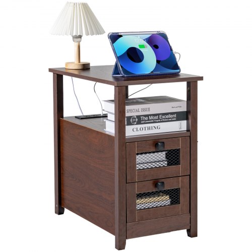 VEVOR Farmhouse End Table with Charging Station, 4-Tier Storage Cabinet and 2 Drawers, Side Table Featuring USB Ports and Outlet