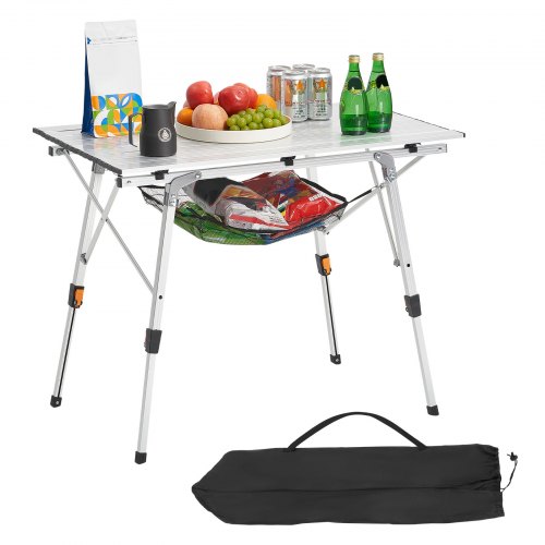 VEVOR Foldable Camping Table, Compact Roll-Up Side Tables, Lightweight Aluminum Outdoor Table with Height Adjustment, Mesh Top and Carrying Case