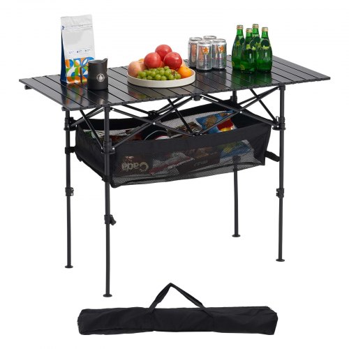 VEVOR foldable camping table, lightweight aluminum roll-up side tables with height adjustment, includes large storage and carry bags