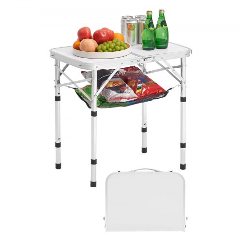 VEVOR foldable camping table with adjustable height, lightweight aluminum and MDF beach table featuring mesh layer and carrying handle