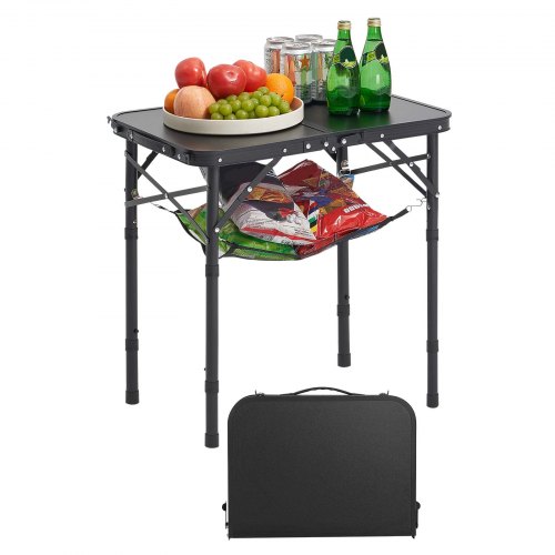 VEVOR foldable camping table with adjustable height, lightweight aluminum and MDF beach table featuring mesh layer and carrying handle