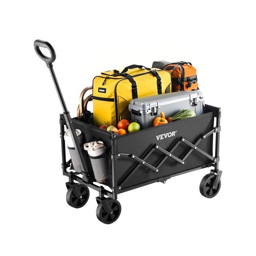 VEVOR foldable wagon carts with 120L capacity and 225LBS load capacity, featuring all-terrain wheels and an adjustable handle for outdoor use