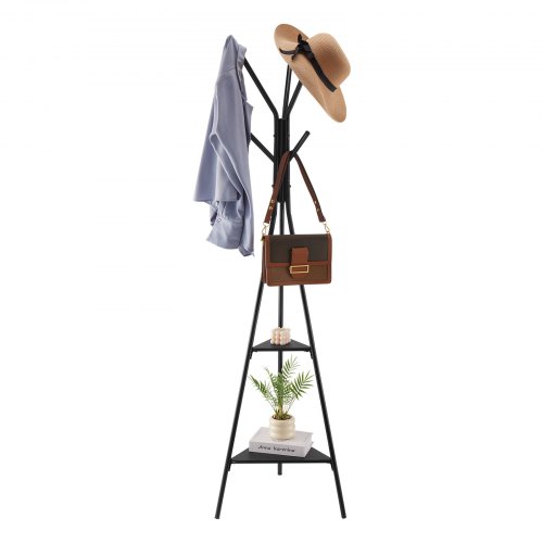 VEVOR freestanding coat rack with 2 shelves and 6 hooks, ideal for entryways, bedrooms, or living rooms