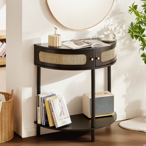 VEVOR half-moon rattan console table featuring two drawers and natural rattan sliding doors for stylish entryway storage