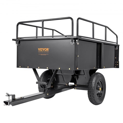 VEVOR Heavy Duty ATV Trailer Steel Dump Cart, 750-Pound 15 Cubic Feet, Garden Utility Trailer with Removable Sides for Riding Lawn Mower Tractor

Rewritten:
VEVOR rugged ATV dump trailer, 750-lb capacity 15 cu ft, garden utility cart featuring detachable sides for lawn tractors