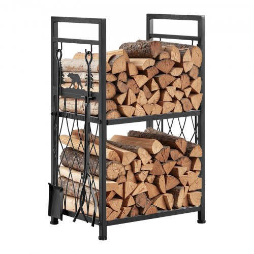 VEVOR indoor firewood rack, a compact 1.3 ft 2-tier holder with fireplace tool set including brush, shovel, poker, and tongs, sturdy log rack supporting 400 lbs