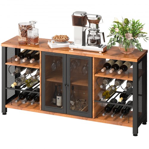 VEVOR Industrial Bar Cabinet, 55" Rustic Oak Wine Table with 24-Bottle Racks, Glass Holders & Metal Sideboard, 330 LBS Capacity, Farmhouse Style