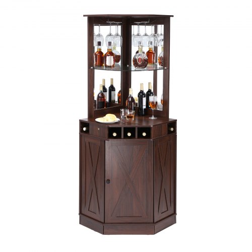 VEVOR Industrial Corner Bar Cabinet, Farmhouse Wood Wine Table for Drinks & Glassware, Freestanding Buffet Sideboard with Glass Storage