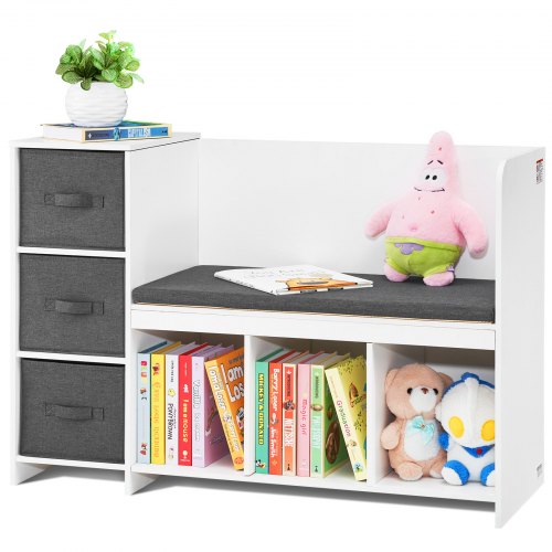 VEVOR Kids Reading Nook Bench with Detachable Cushion, 6-Cubby Bookcase and 3-Drawer Storage Organizer for Toddlers